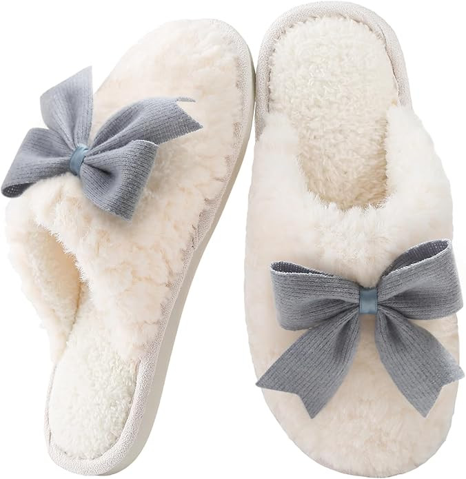 Women's Memory Foam Slippers, Cute Bow Design, Plush Faux Fur Indoor Outdoor House Shoes, Cozy Li... | Amazon (US)