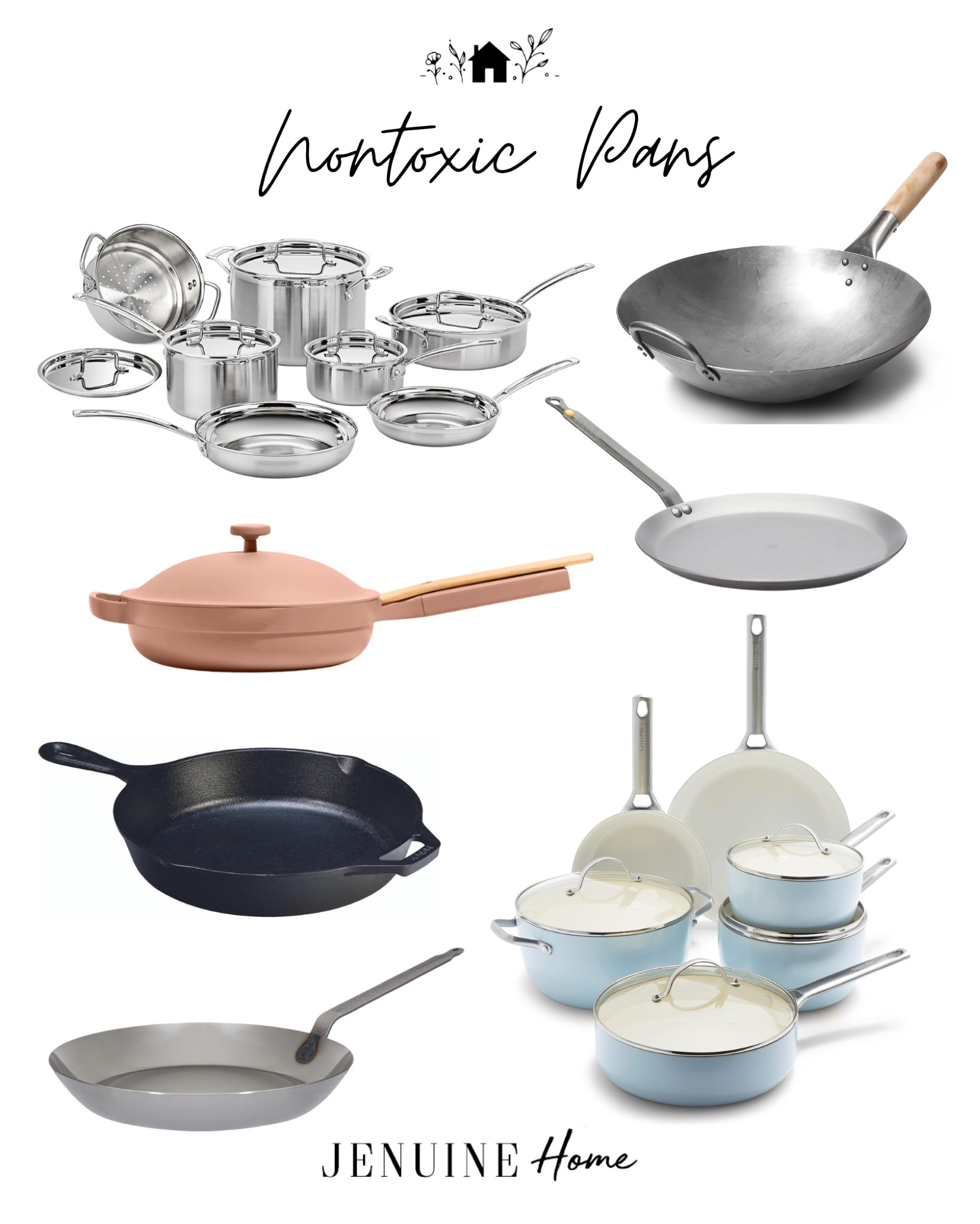 Nontoxic pans cookware. Always pan nonstick PFAS free. Stainless steel pan set. Carbon steel wok. Carbon steel saute pan. Lodge cast iron frying pan. Carbon steel French crepe pan. GreenPan nonstick ceramic pan. 

#LTKhome