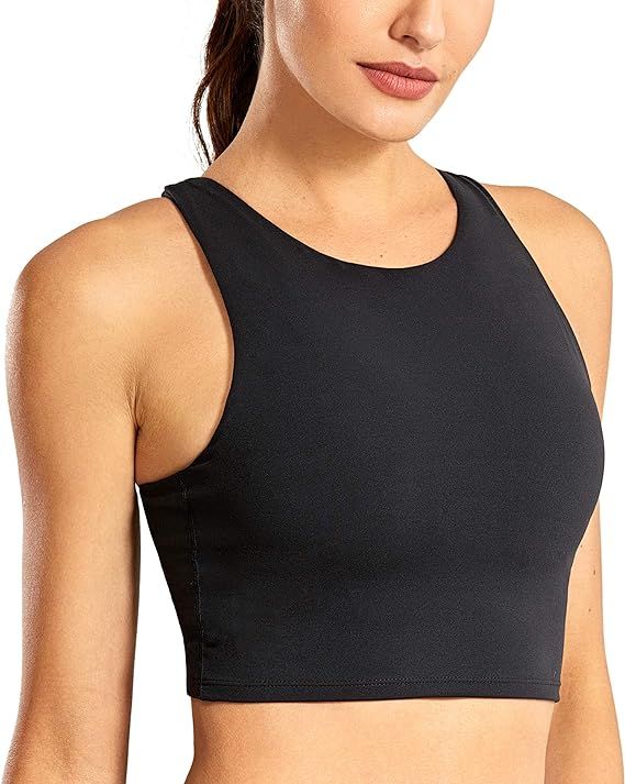 CRZ YOGA Women's High Neck Longline Sports Bra Racerback Crop Top Yoga Tank Top with Built in Bra | Amazon (US)