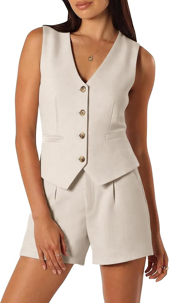 ELLEVEN Women's 2 Piece Summer Outfits Linen Lounge Matching Sleeveless V-Neck Vest and Shorts Se... | Amazon (US)