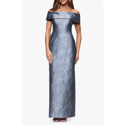 Xscape Evenings Metallic Jacquard Off the Shoulder Gown in Slate at Nordstrom, Size 2 | Nordstrom