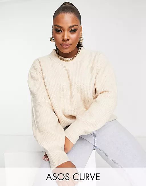 ASOS DESIGN Curve fluffy crew neck rib sweater in oatmeal | ASOS (Global)