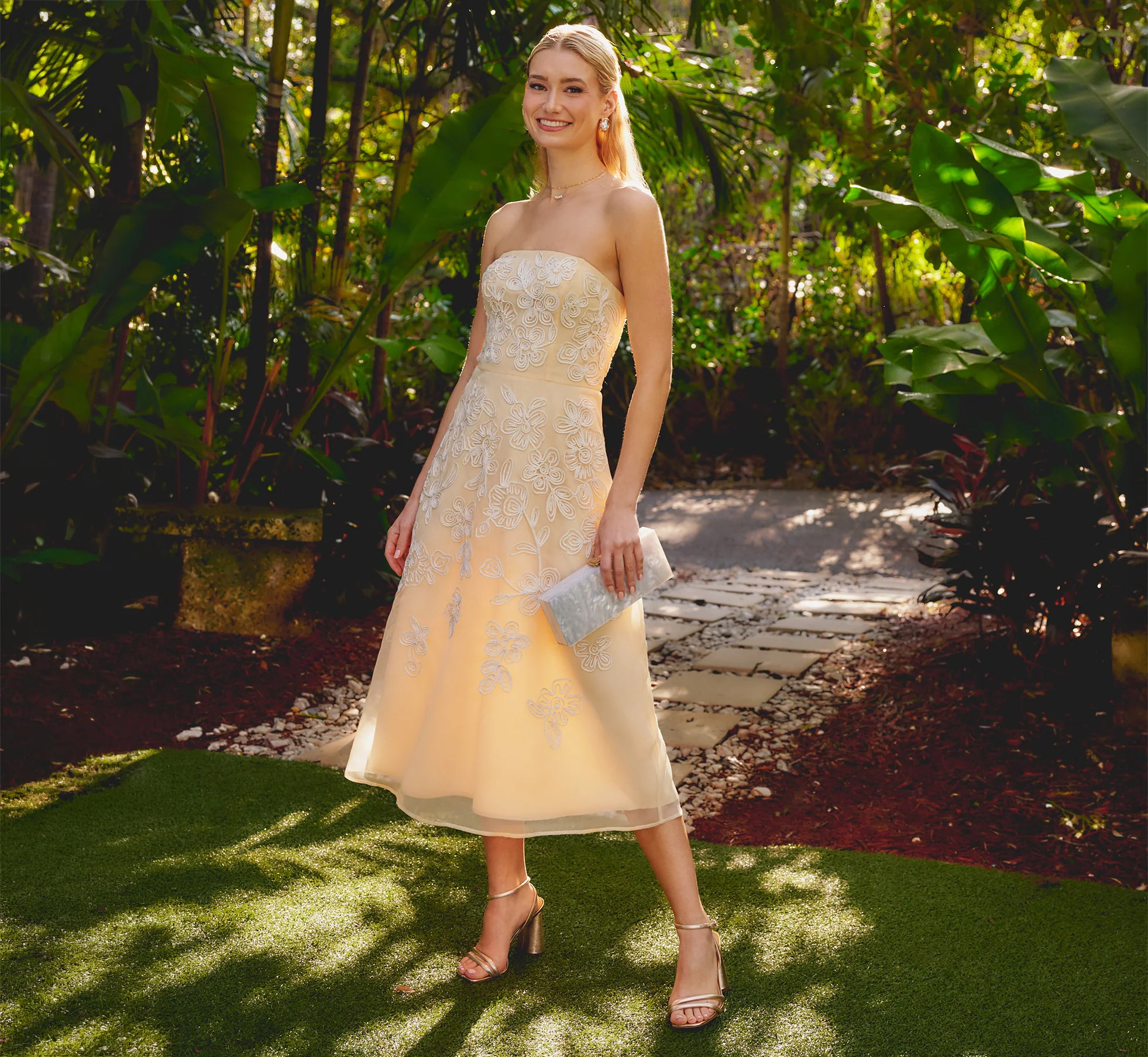 Strapless Floral Embroidered Organza Midi Dress In Maize | Adrianna Papell