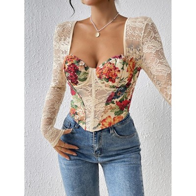 Women's Square Neck Lace Sleeve Corset Top, Floral Print Sheer Lace Long Sleeve Blouse Printing S | Target