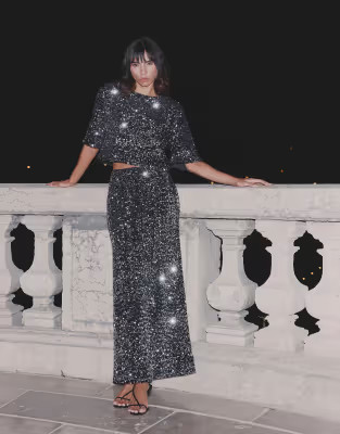 4th & Reckless sequin velvet column maxi skirt in black - part of a set | ASOS (Global)