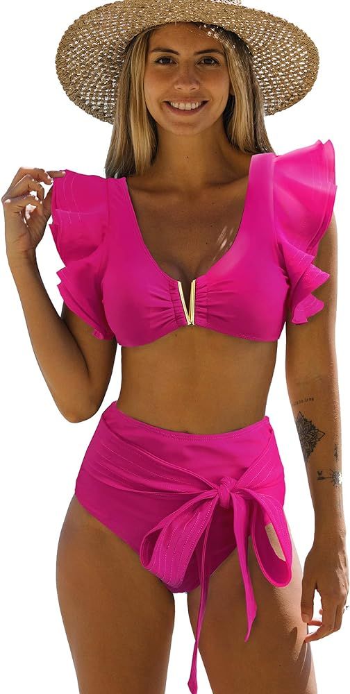 Sporlike Women Ruffle High Waist Swimsuit Two Pieces Push Up Tropical Print Bikini | Amazon (US)