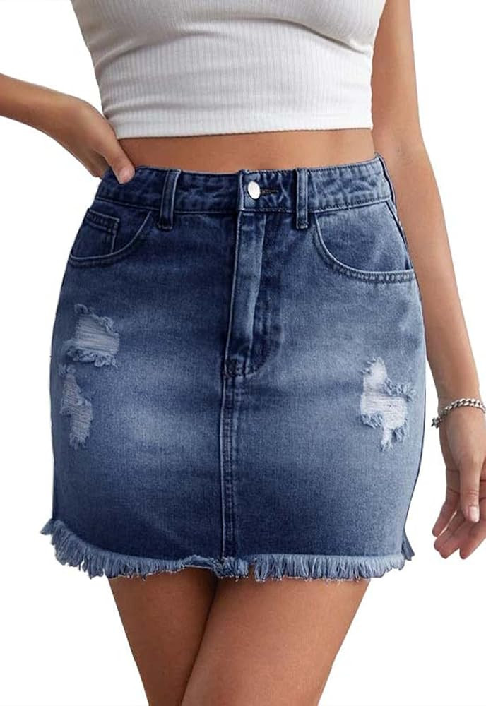 Women’s Bodycon Denim Mini Skirt High Waist Casual Washed Frayed Stretchy Jean Skirts with Pock... | Amazon (US)