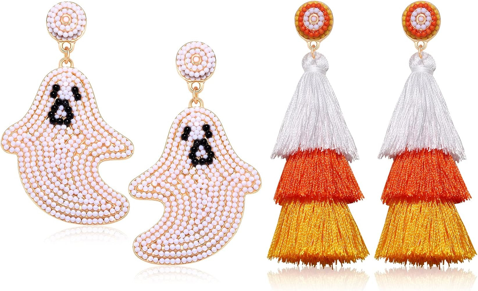 NLCAC 2 Pairs Halloween Earrings Beaded Ghost Candy Corn Tassel Dangle Earrings Spooky Halloween ... | Amazon (US)
