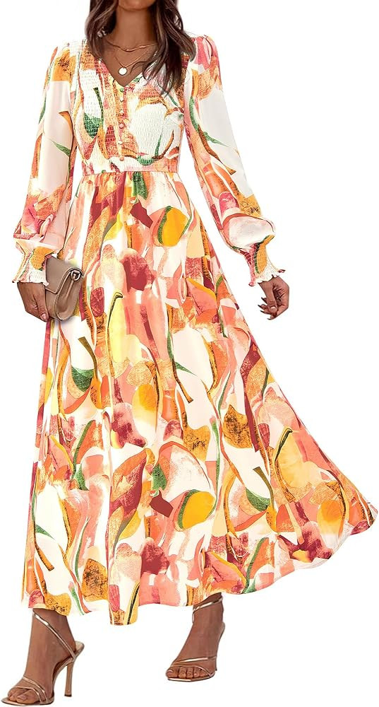 BTFBM Women Fall Wedding Guest Maxi Dresses 2025 Floral V Neck Long Sleeve Boho Long Dress Vacati... | Amazon (US)