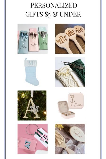 A round up of small gifts and stocking stuffers that are all personalized or monogrammed for $5 and under. Gift guide, holiday gifts, gifts for her, grandmillennial, pastel, makeup brush set, engraved wooden spoon, Christmas stocking, name tag, ornament, jewlery box, luggage tag, wooden hair brush  

#LTKHoliday #LTKfindsunder50 #LTKGiftGuide