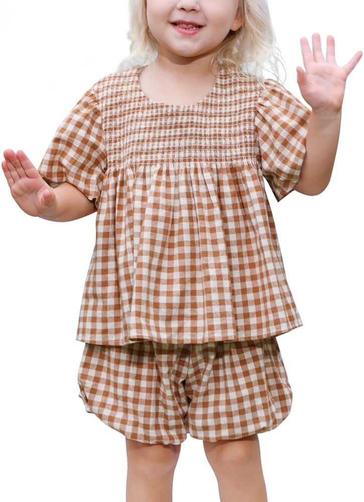 Gingham Toddler Girls Outfits Spring Smocked Kids Clothes Sets Summer Lining Blouses Bloomers Gir... | Amazon (US)