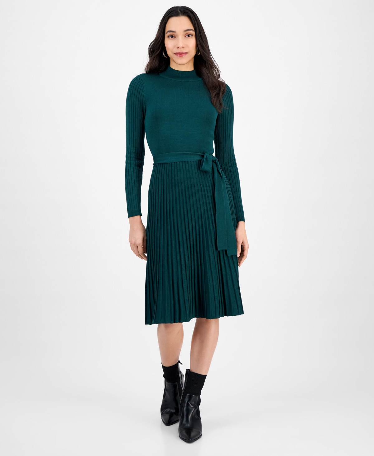 Sandra Darren Petite Pleated Midi Sweater Dress - Hunter | Macy's
