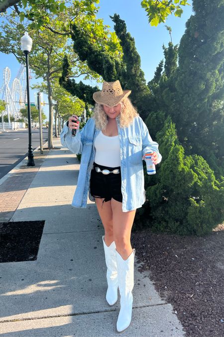 Denim shacket, white bodysuit and black jean shorts with cowboy boots and cowboy hat for the rodeo, Country concert outfit, nashville outfit, summer rodeo look 

#LTKcurves #LTKstyletip #LTKSeasonal