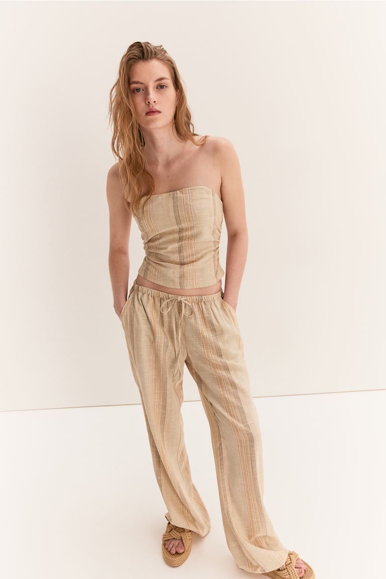Linen-blend Pull-on Pants - Beige/striped - Ladies | H&M US | H&M (US + CA)