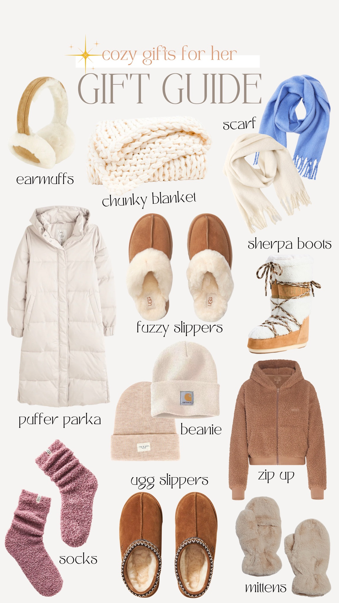 2022 holiday gift guide, cozy gifts for her fuzzy slippers, Sherpa jackets, chunky knit, blanket earmuffs, scarves, beanies, barefoot dreams

#LTKHoliday #LTKstyletip #LTKSeasonal