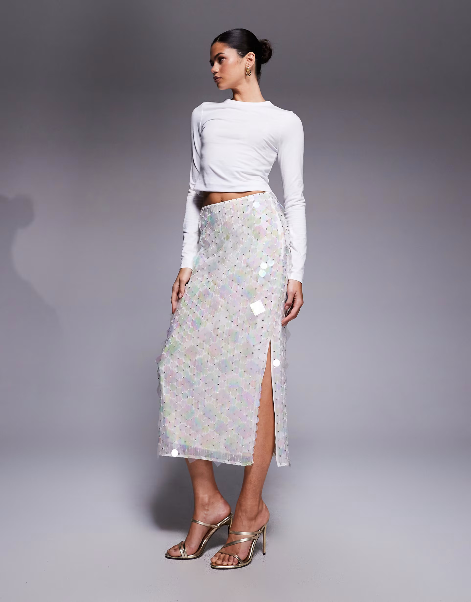 ASOS DESIGN embellished disc sequin midi skirt in white | ASOS (Global)