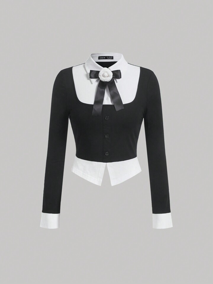 SHEIN MOD Bow Front 2 In 1 Shirt | SHEIN