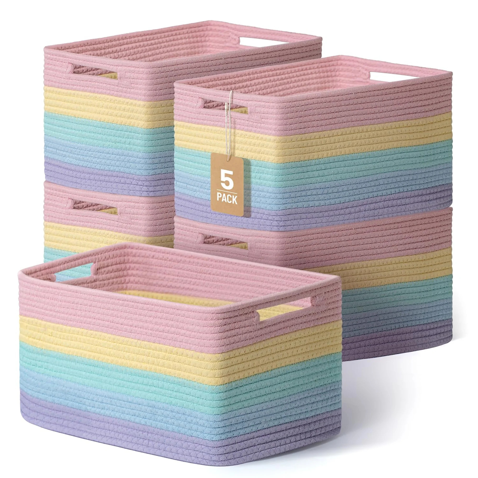 Set of 5 Decorative Cotton Rope Woven Storage Baskets, Multipurpose Organizer Bins for Shelves, Closet, Nursery, Bathroom, Storing Toys, Books & Cloth | Wayfair North America