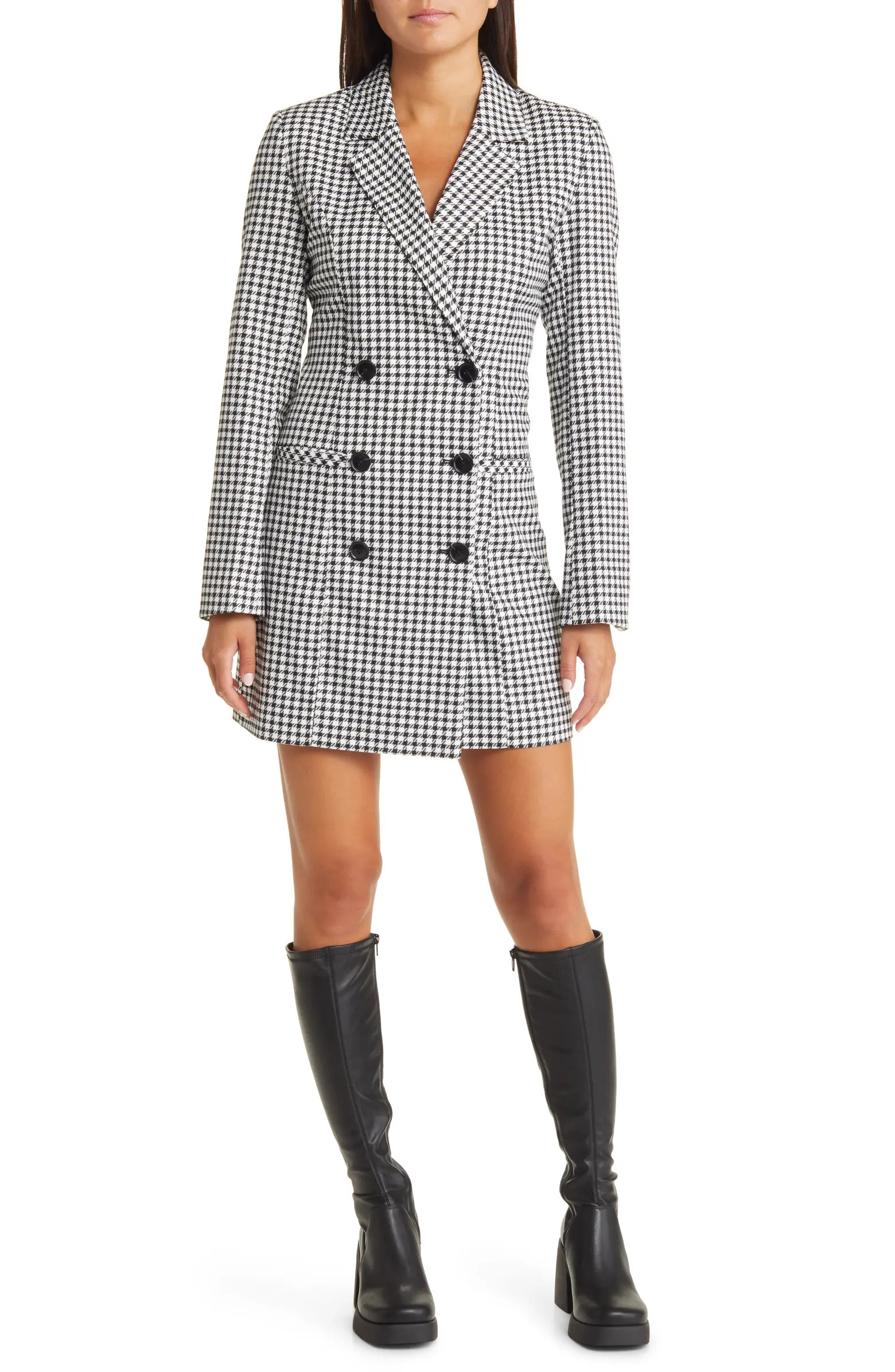 Double Breasted Houndstooth Check Long Sleeve Blazer Dress | Nordstrom