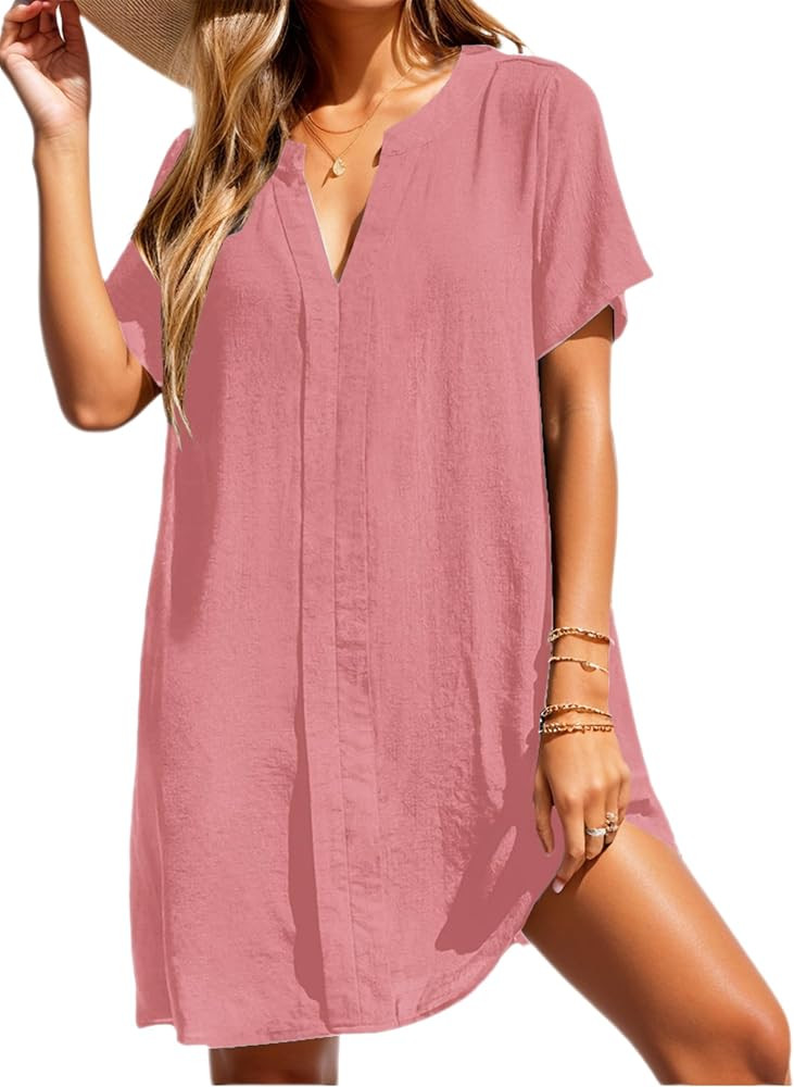 Halife Women's Swimsuit Cover Up Shirt V Neck Short Sleeve Bathing Suit Coverups Summer Beach Cov... | Amazon (US)