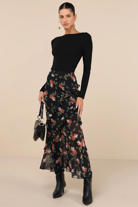 Marvelously Charming Black Floral Ruffled High-Rise Maxi Skirt | Lulus