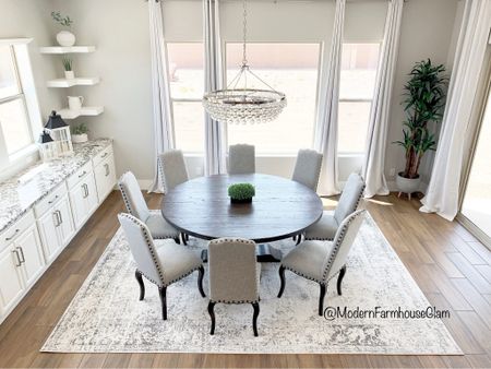 Neutral area rug in dining room ModernFarmhouseGlam, dining room chairs, crystal chandelier, 120 inch curtains in white, ideas for round wooden Farmhouse dining room tables, kitchen table

#LTKhome