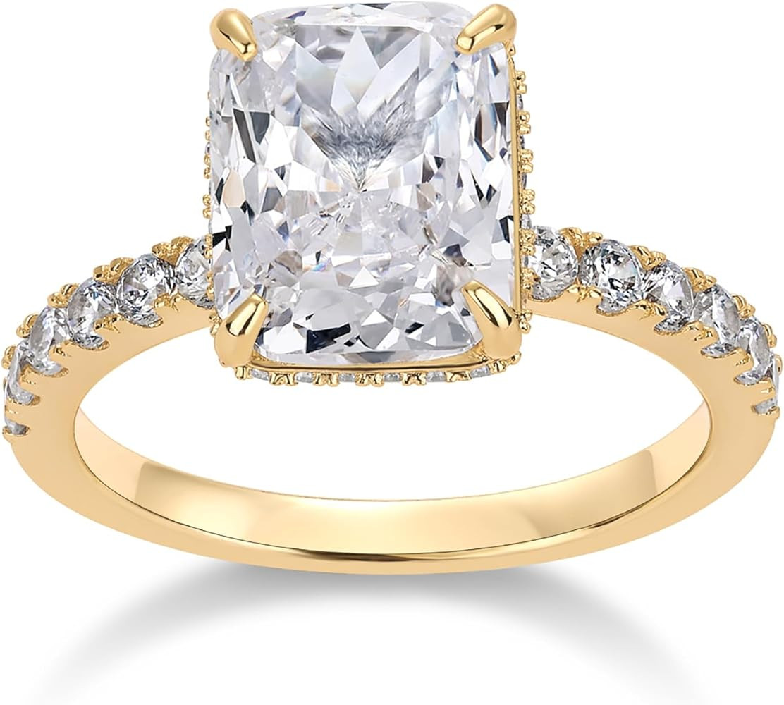PAVOI 14K Gold Plated 3.5CT Square Radiant Cubic Zirconia Engagement and Promise Ring for Women -... | Amazon (US)