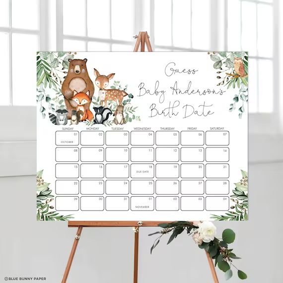 Greenery Woodland Baby Due Date Calendar, Forest Animals Guess Baby's Birthday Game, Rustic Leave... | Etsy (US)