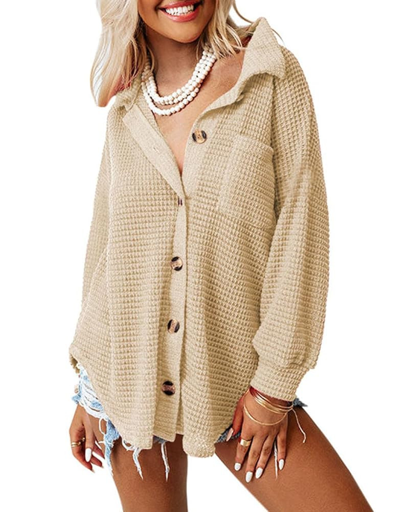 Dokotoo Womens Waffle Knit Shacket Jacket Casual Long Sleeve Button Down Shirts Dressy Blouses To... | Amazon (US)
