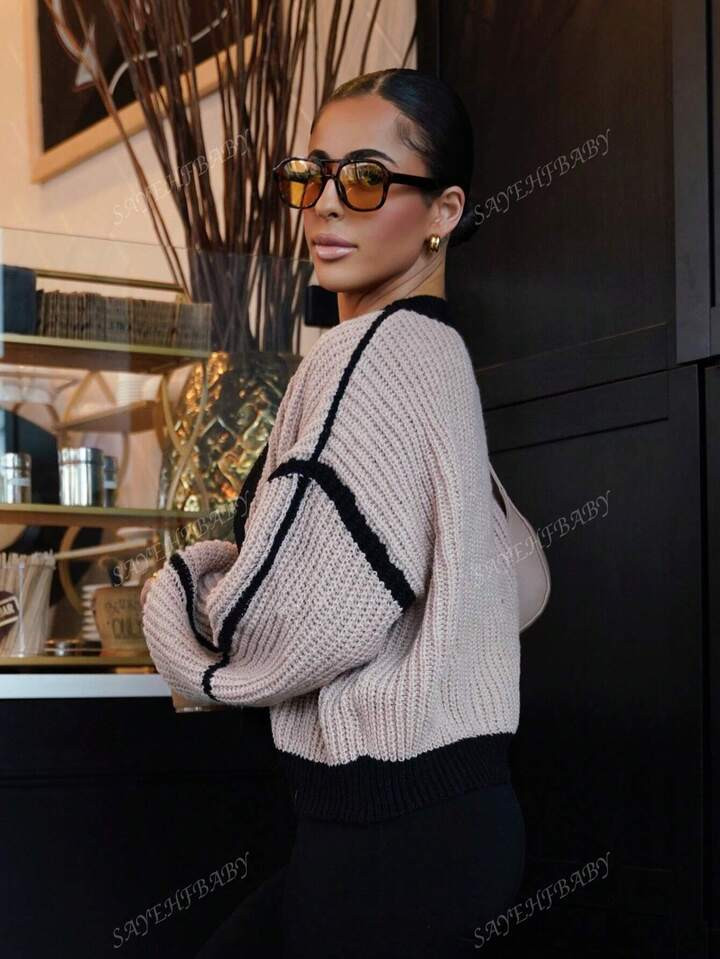 SAYEHFBABY Contrast Trim Lantern Sleeve Duster Cardigan | SHEIN