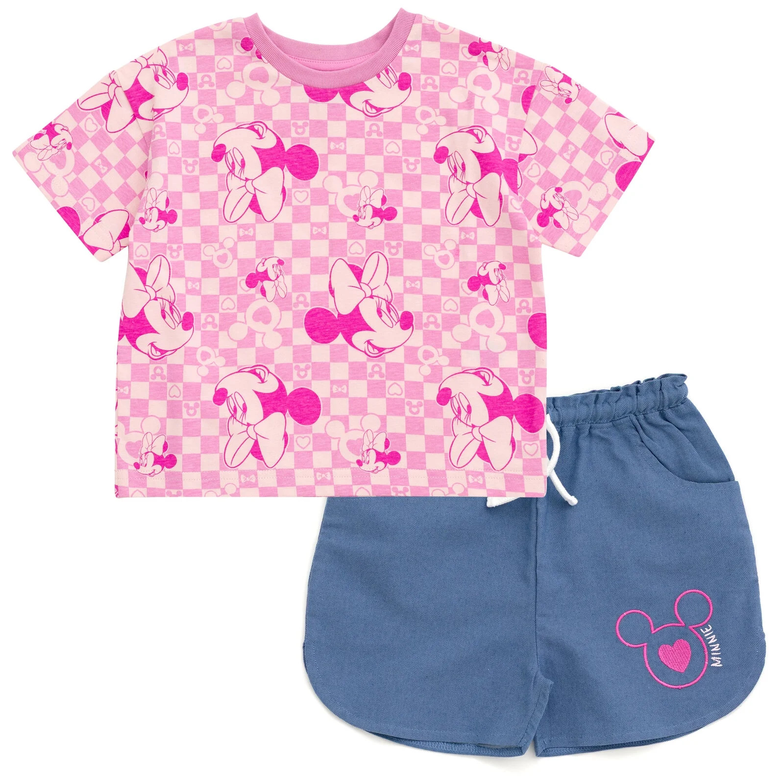 Disney Minnie Mouse Drop Shoulder T-Shirt and Chambray Shorts Outfit Set Infant to Big Kid | Walmart (US)