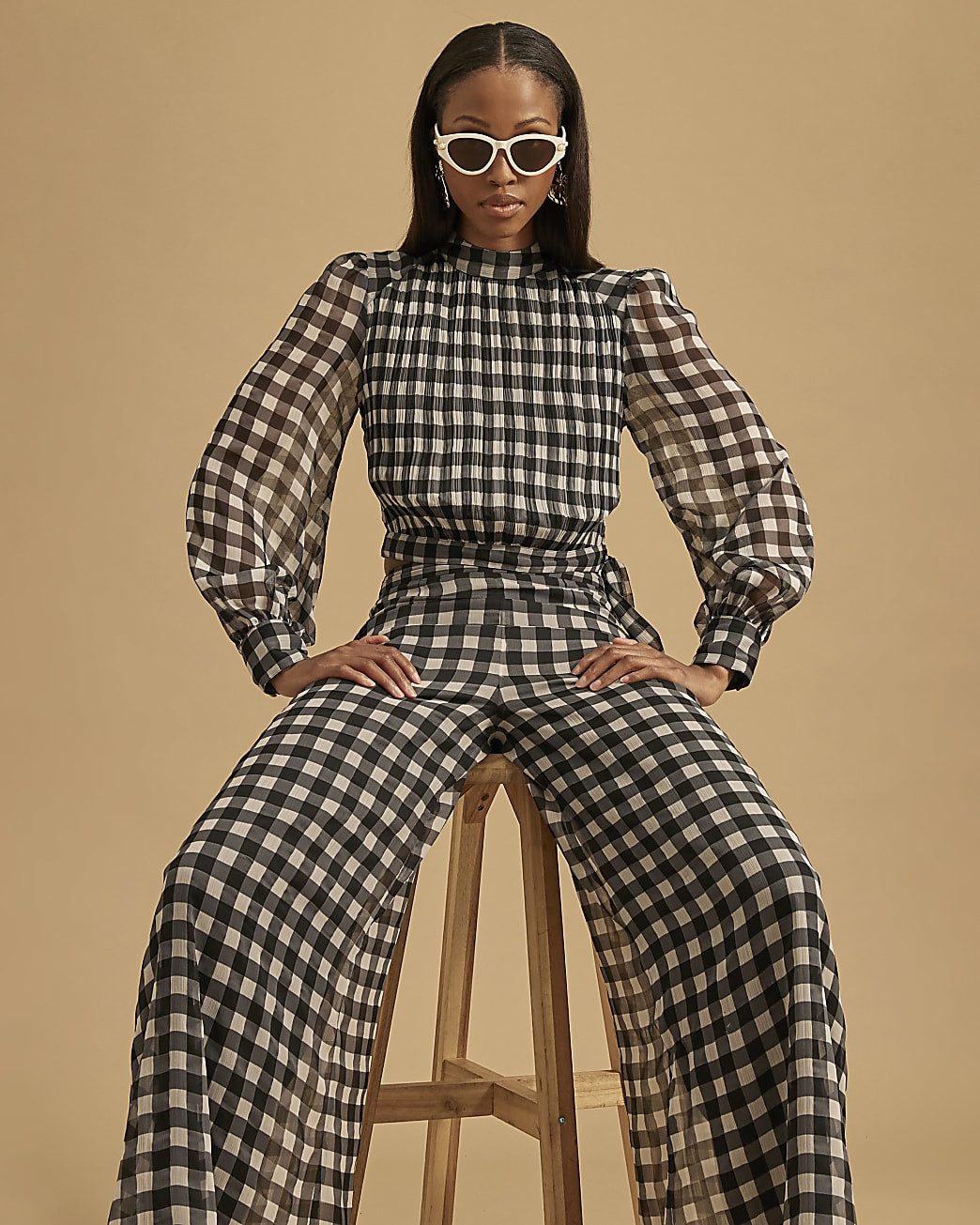 Black Gingham Long Sleeve Crop Top | River Island UK & IE