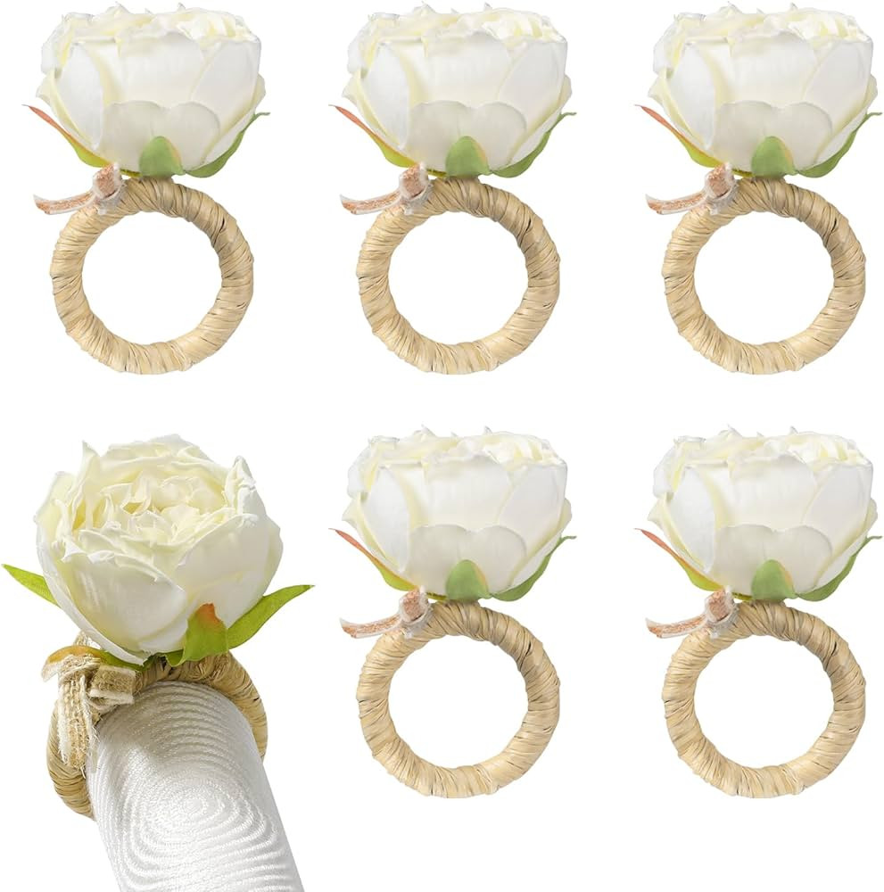 Napkin Rings, Set of 6 White Flower Napkin Holders Dinner Tables Rings for Wedding, Party, Christ... | Amazon (US)