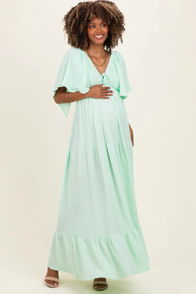 Sage Woven Textured Flutter Sleeve V-Neck Tiered Maternity Maxi Dress | PinkBlush Maternity