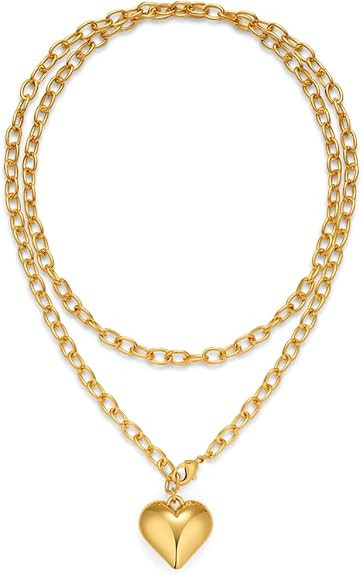 Layered Puffy Heart Necklaces For Women Gold And Silver Plated Heart Pendant Necklace Long Chain ... | Amazon (US)
