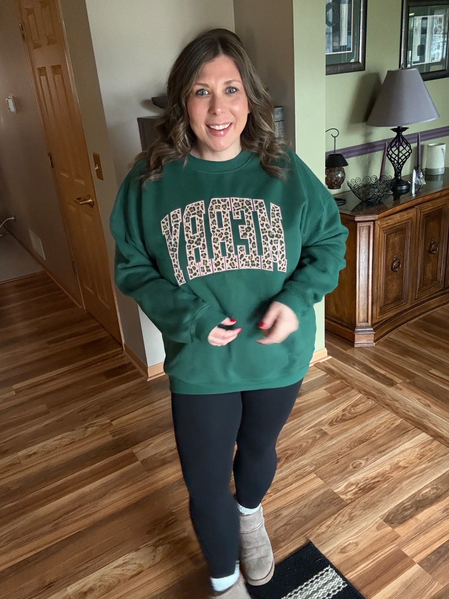 Obsessed with this sweatshirt! Loving the leopard! Also, I saw my favorite UGG Boot color was back in stock! Hurry before it sells out! 

#LTKSaleAlert #LTKCyberWeek #LTKMidsize