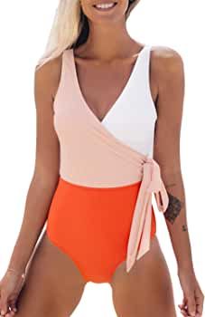 Women's One Piece Swimsuit Wrap Color Block Bowknot Bathing Suit | Amazon (US)