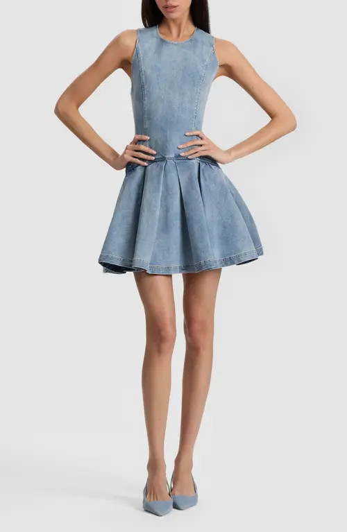 Alice + Olivia Adley Pleated Drop Waist Denim Minidress in Anabell Blue at Nordstrom, Size 8 | Nordstrom