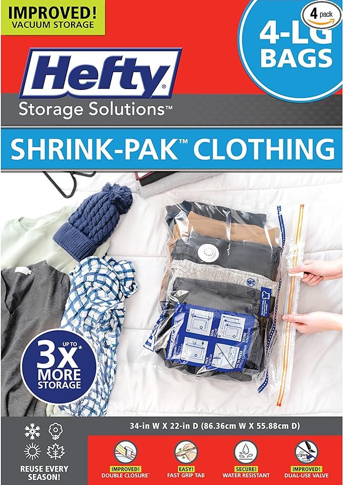 Hefty Shrink-Pak - 4 Large Vacuum Storage Bags for Storage for Clothes, Pillows, Towels, or Blank... | Amazon (US)