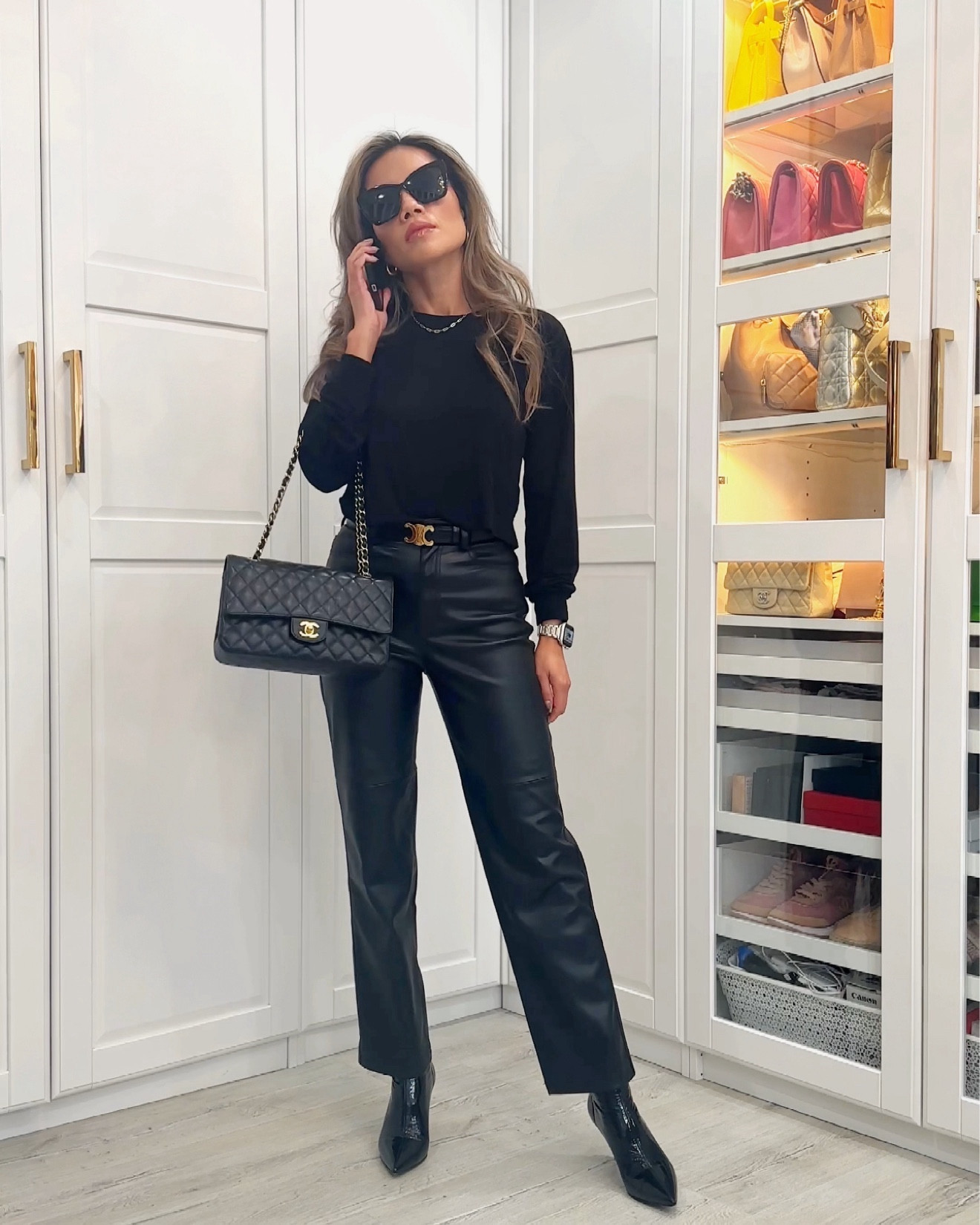 Classic outfit in All black outfit. Black long sleeve shirt, black faux leather straight legs pants. Black pointed toe boots. Black Chanel classic flap bag.

#LTKshoecrush #LTKstyletip #LTKfindsunder100