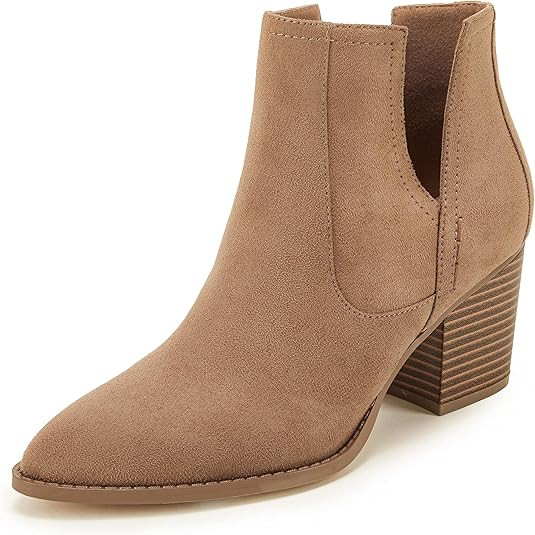 FISACE Womens Pointed Toe Stacked Mid Heel Ankle Boots V Cut Back Zipper Faux Leather Booties | Amazon (US)