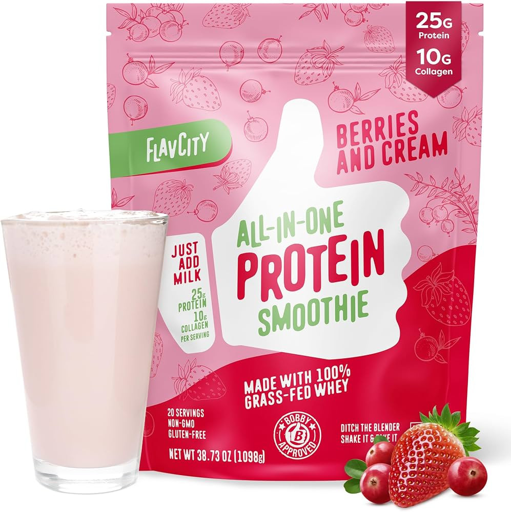 FlavCity Protein Powder Smoothie, Berries & Cream - 100% Grass-Fed Whey with Collagen (25g of Pro... | Amazon (US)