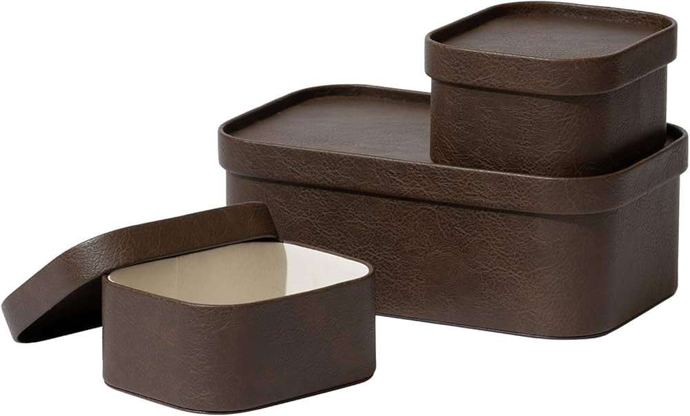 Vegan Leather Storage Boxes with Lids, Set of 3 Decorative Storage Containers Organize Stackable ... | Amazon (US)