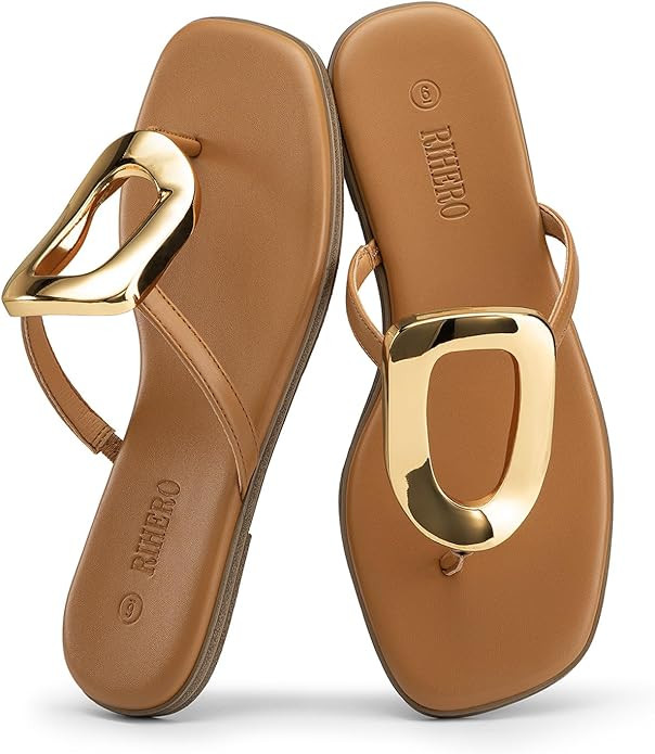 Rihero Flip Flops for Women Comfortable Square Toe Flat Sandals Slip On Summer Beach Slide Sandal... | Amazon (US)