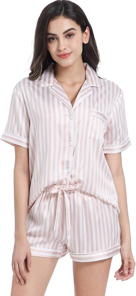 Serenedelicacy Women's Silky Satin Pajamas Short Sleeve PJ Set Sleepwear Loungewear | Amazon (US)