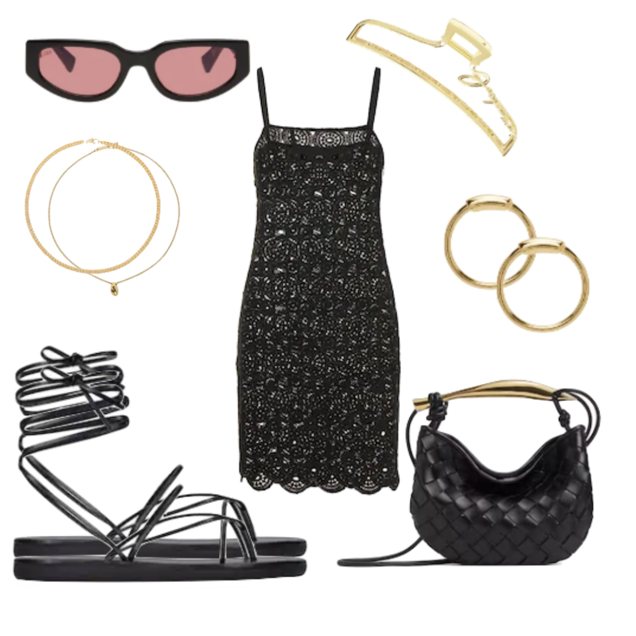Summer date night outfit, lace dress, tie up sandals, black bag, pink sunglasses, summer look, black crochet dress, dresses, summer look, date night look casual, #lbd 

#LTKunder100 #LTKeurope #LTKfit