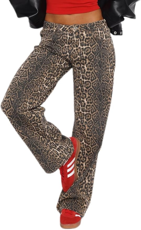 Women's Leopard Print Mid Rise Light Weight No Stretch Wide Leg Pants Baggy Jeans | Amazon (US)