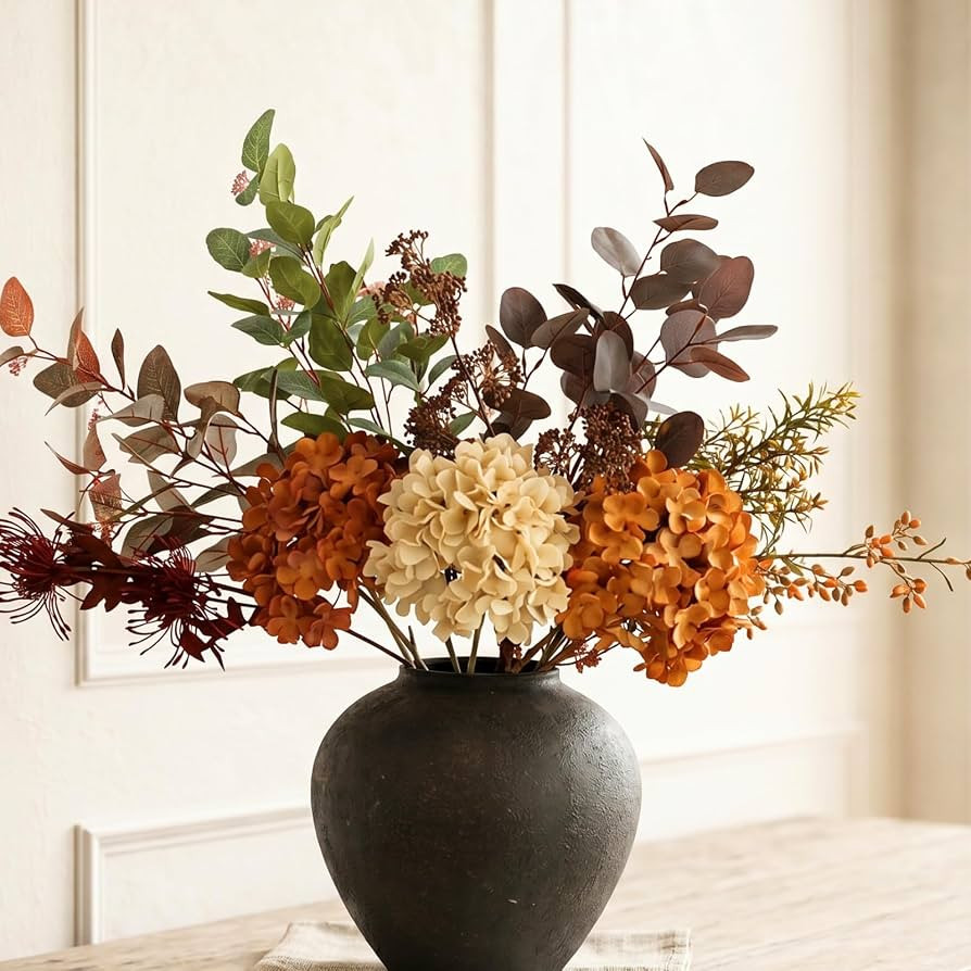 Fall Centerpieces for Tables - Burnt Orange Hydrangea & Eucalyptus Stems | Amazon (US)