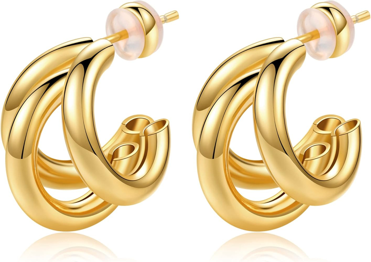 Triple Hoop Earrings for Women Sterling Silver Post Split Huggie Earrings 19K Gold/Silver Plated Chu | Amazon (US)