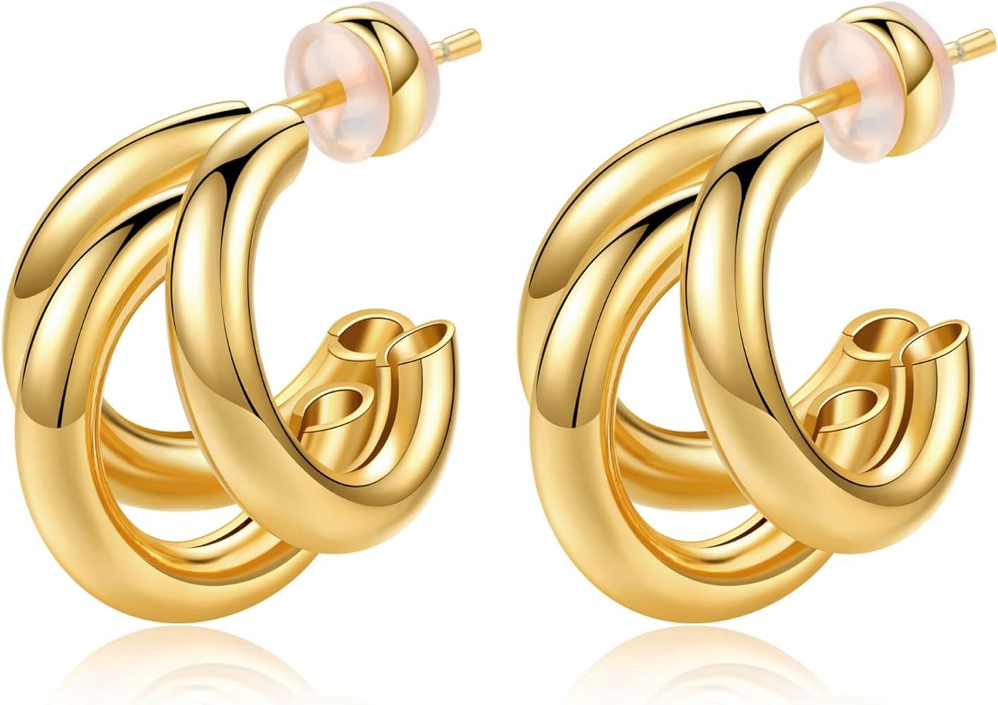 Triple Hoop Earrings for Women Sterling Silver Post Split Huggie Earrings 19K Gold/Silver Plated Chu | Amazon (US)